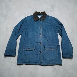 Vintage Flannel Lined Blue Suede Collar Chore Coat Barn Jacket Womens Medium